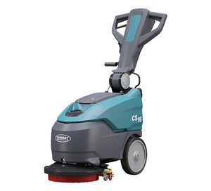 A compact, walk-behind floor scrubber with blue and gray colors, labeled as CS16, with a cleaning brush at the front and control panel on top.