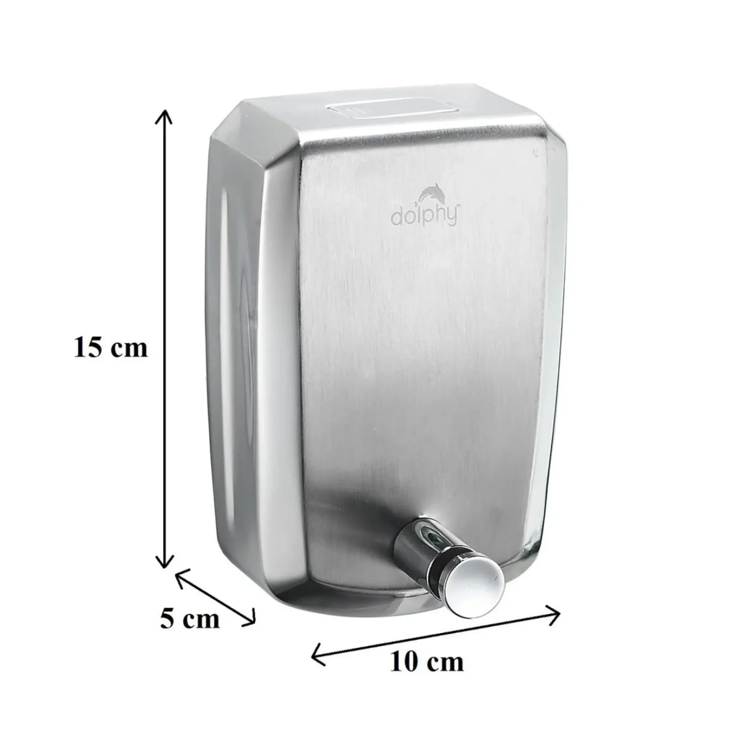 A stainless steel wall-mounted soap dispenser with dimension arrows and labels showing 15 cm height, 10 cm width, and 5 cm depth on a white background.