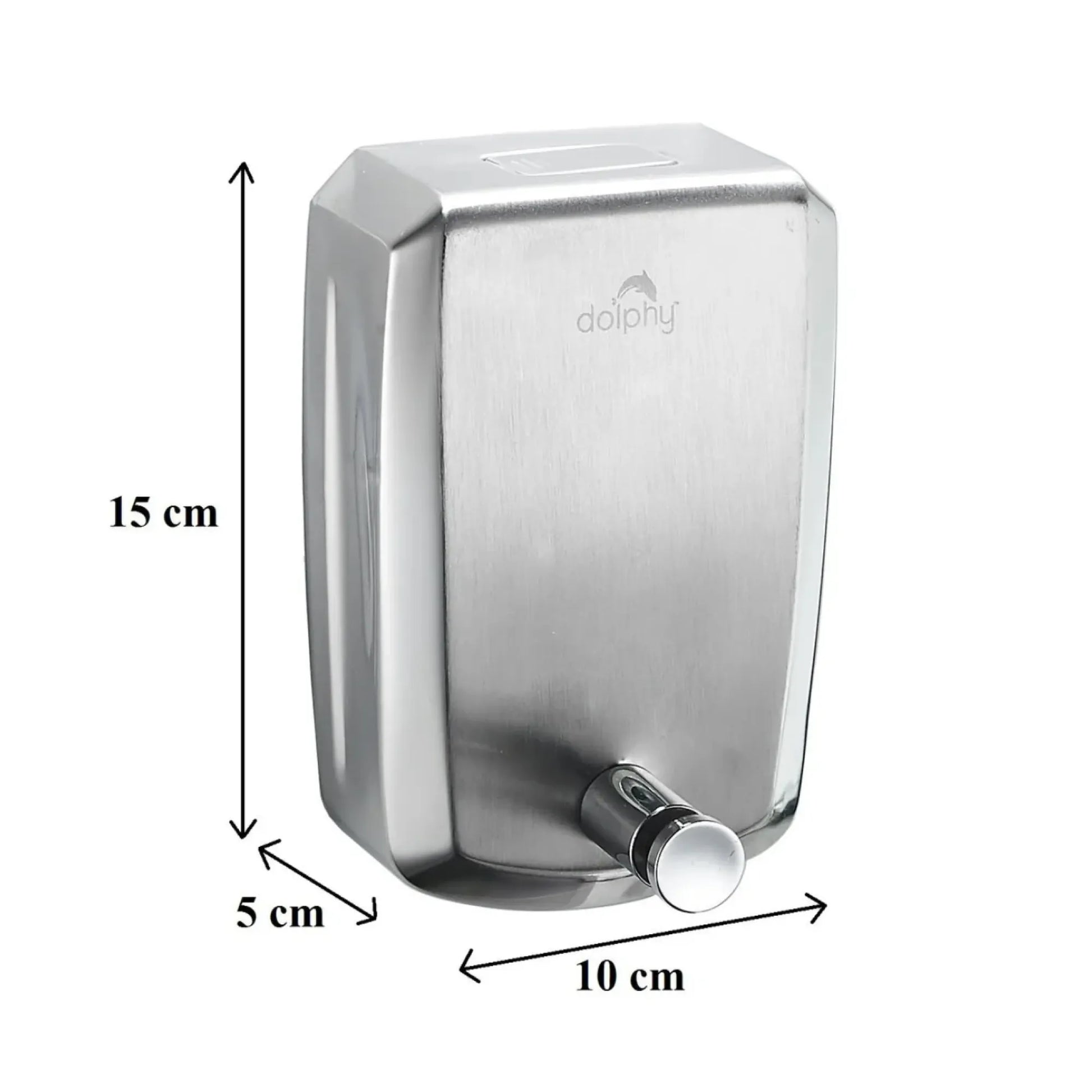 A stainless steel wall-mounted soap dispenser with dimension arrows and labels showing 15 cm height, 10 cm width, and 5 cm depth on a white background.