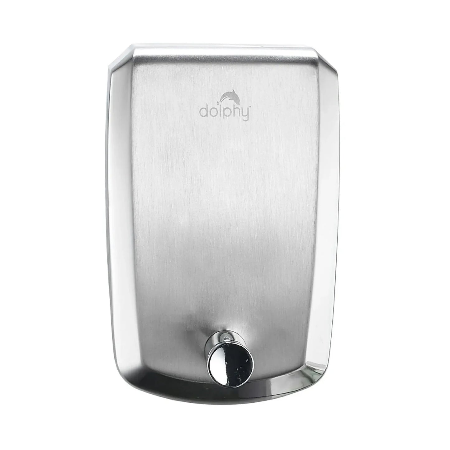 A stainless steel wall-mounted soap dispenser with a brushed metal finish, featuring the 'dolphy' brand logo near the top and a chrome-finished foot switch at the bottom, set against a plain white background.