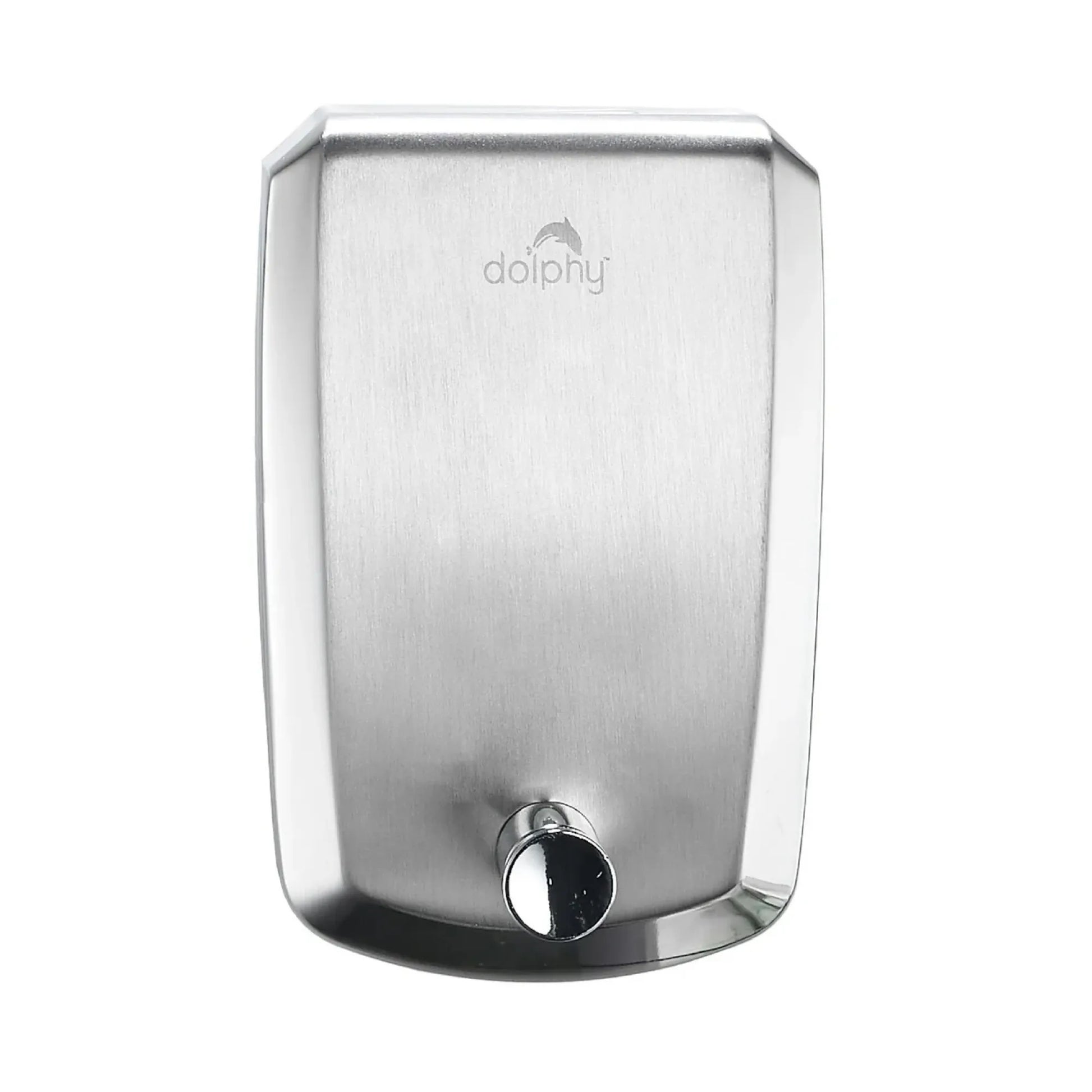 A stainless steel wall-mounted soap dispenser with a brushed metal finish, featuring the 'dolphy' brand logo near the top and a chrome-finished foot switch at the bottom, set against a plain white background.