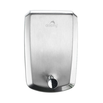 A stainless steel wall-mounted soap dispenser with a brushed metal finish, featuring the 'dolphy' brand logo near the top and a chrome-finished foot switch at the bottom, set against a plain white background.