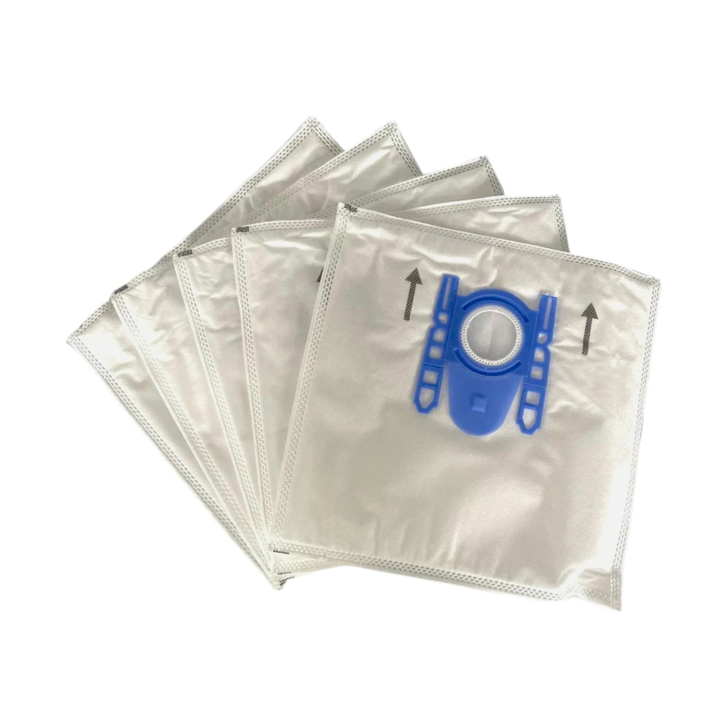 Four reusable vacuum dust bags fanned out on a plain white background, with a blue filter insert shown on the front bag.