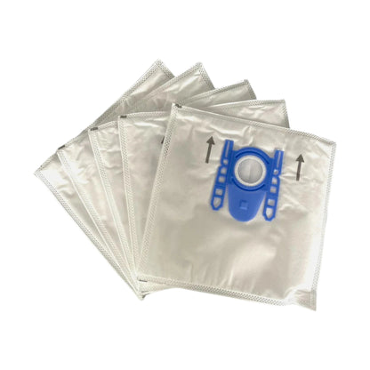 Four reusable vacuum dust bags fanned out on a plain white background, with a blue filter insert shown on the front bag.