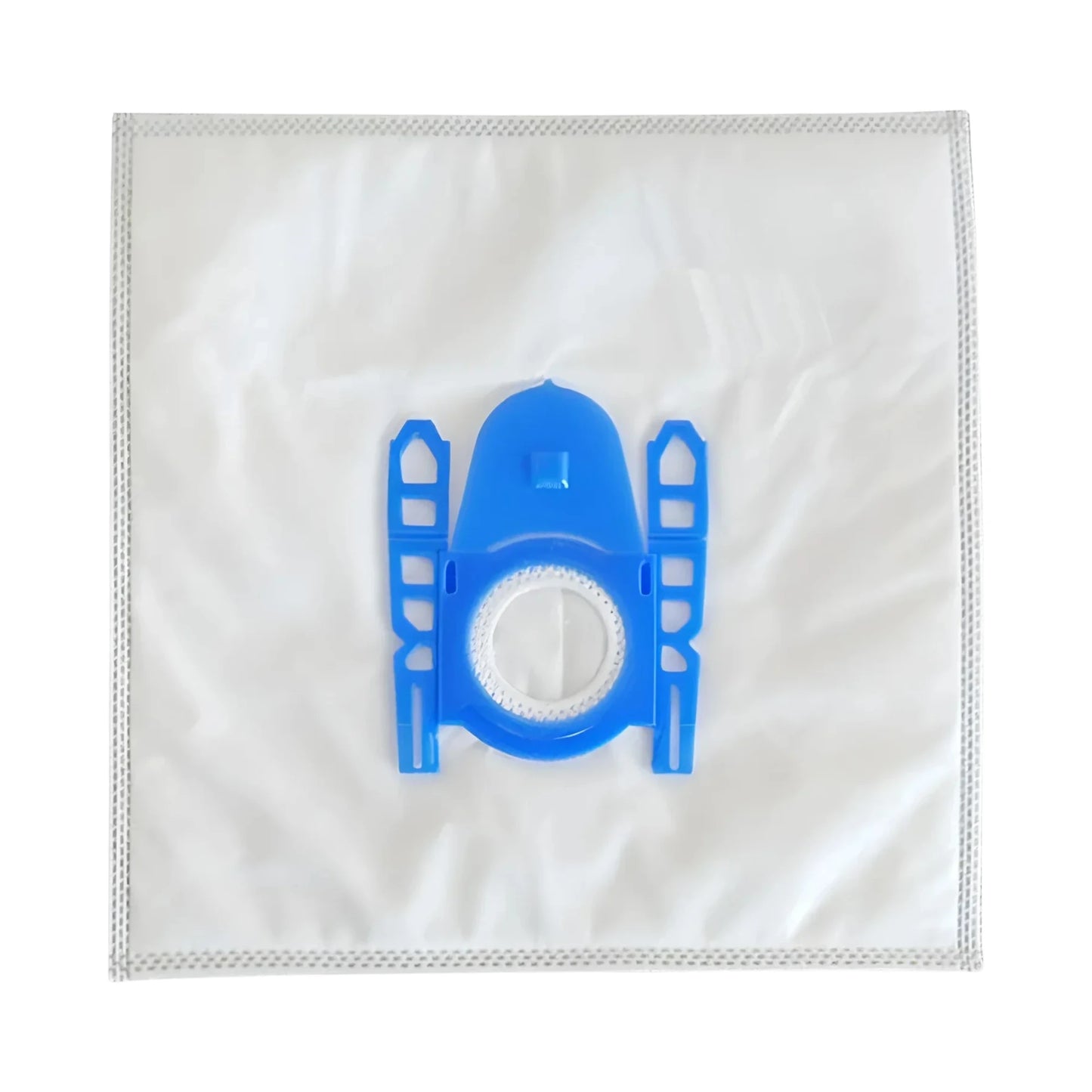 A white pleated vacuum dust bag with a blue plastic connector filter in the center, shown flat against a white background.