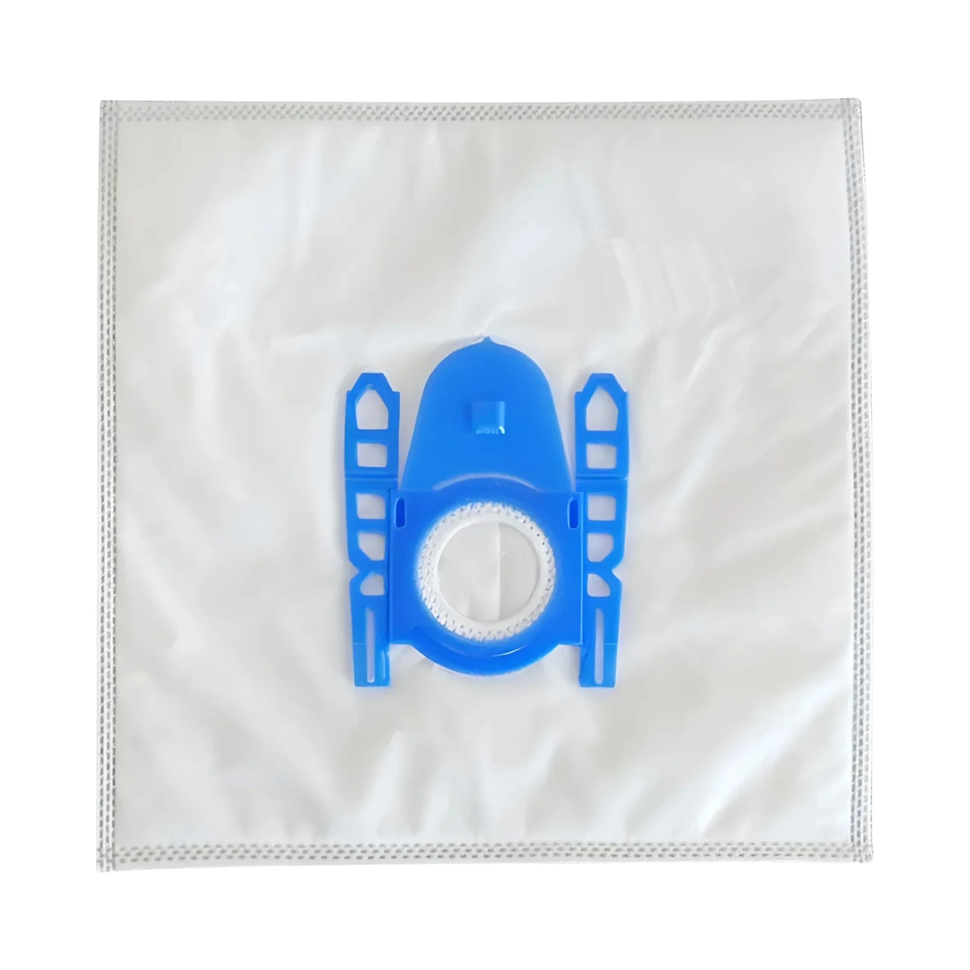 A white pleated vacuum dust bag with a blue plastic connector filter in the center, shown flat against a white background.