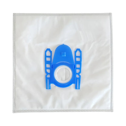 A white pleated vacuum dust bag with a blue plastic connector filter in the center, shown flat against a white background.