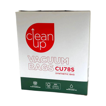 A box of Clean Up Vacuum Bags CU78S synthetic bags, featuring a white box with a red circular logo and a dark green band at the bottom.