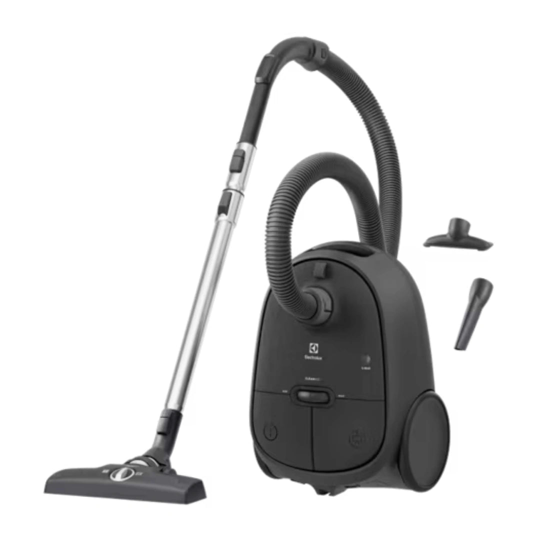 A black and silver Electrolux canister vacuum cleaner with a flexible hose, shown with two detachable floor nozzles on a plain white background.