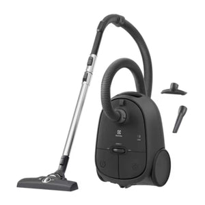 A black and silver Electrolux canister vacuum cleaner with a flexible hose, shown with two detachable floor nozzles on a plain white background.