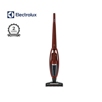 Electrolux cordless stick vacuum cleaner in a dark red color, shown against a plain white background with the Electrolux logo and a 2-year warranty badge in the top left corner.