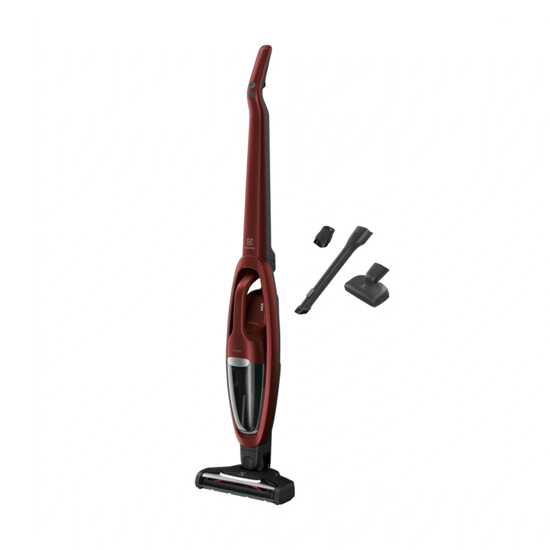 A cordless stick vacuum cleaner in dark red and black, shown with two black attachment heads on a plain white background.