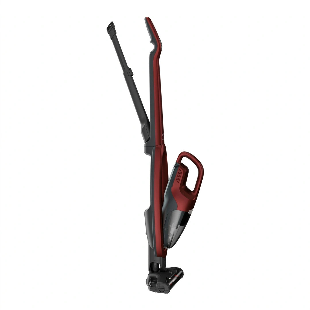 A cordless stick vacuum cleaner in dark red and black, shown from a side profile view against a plain white background.