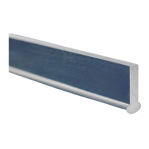 A close-up of a metal channel or trim piece with a blue interior surface and silver-toned outer edges, shown on a plain white background.