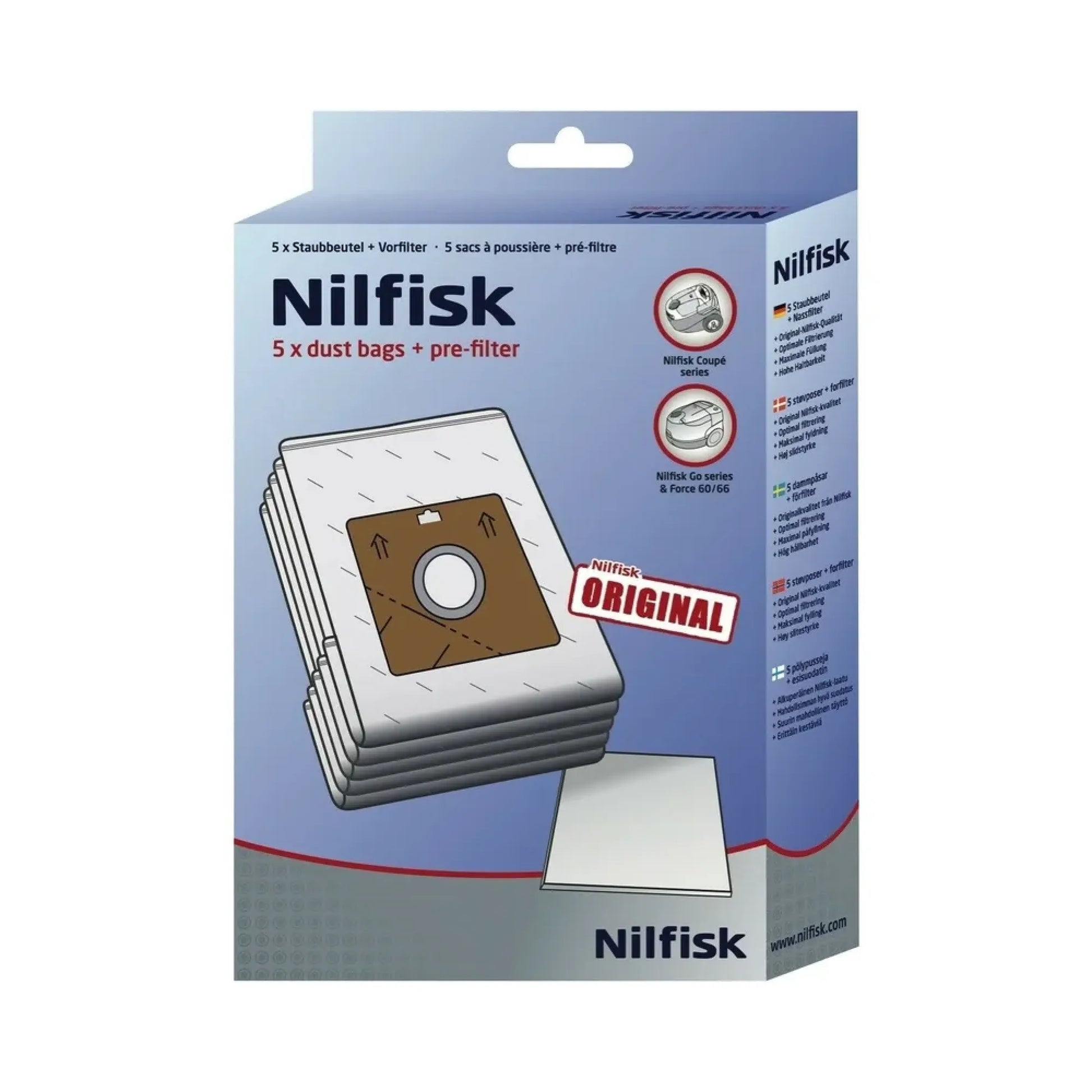 Nilfisk 5 x dust bags + pre-filter packaging box, featuring a stack of white dust bags with a brown center filter and a separate white pre-filter sheet shown in front, on a light gray background.