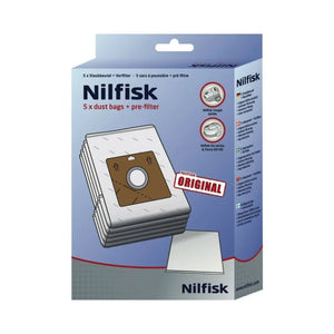 Nilfisk 5 x dust bags + pre-filter packaging box, featuring a stack of white dust bags with a brown center filter and a separate white pre-filter sheet shown in front, on a light gray background.