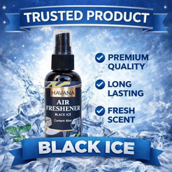 A bottle of Havana Air Freshener in Black Ice scent, presented against a graphic background of ice cubes and water splashes with promotional text overlays.