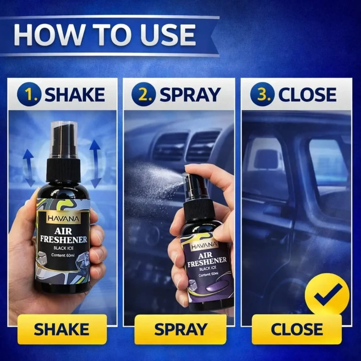 Instructions on how to use a Havana air freshener spray with labeled steps and images.