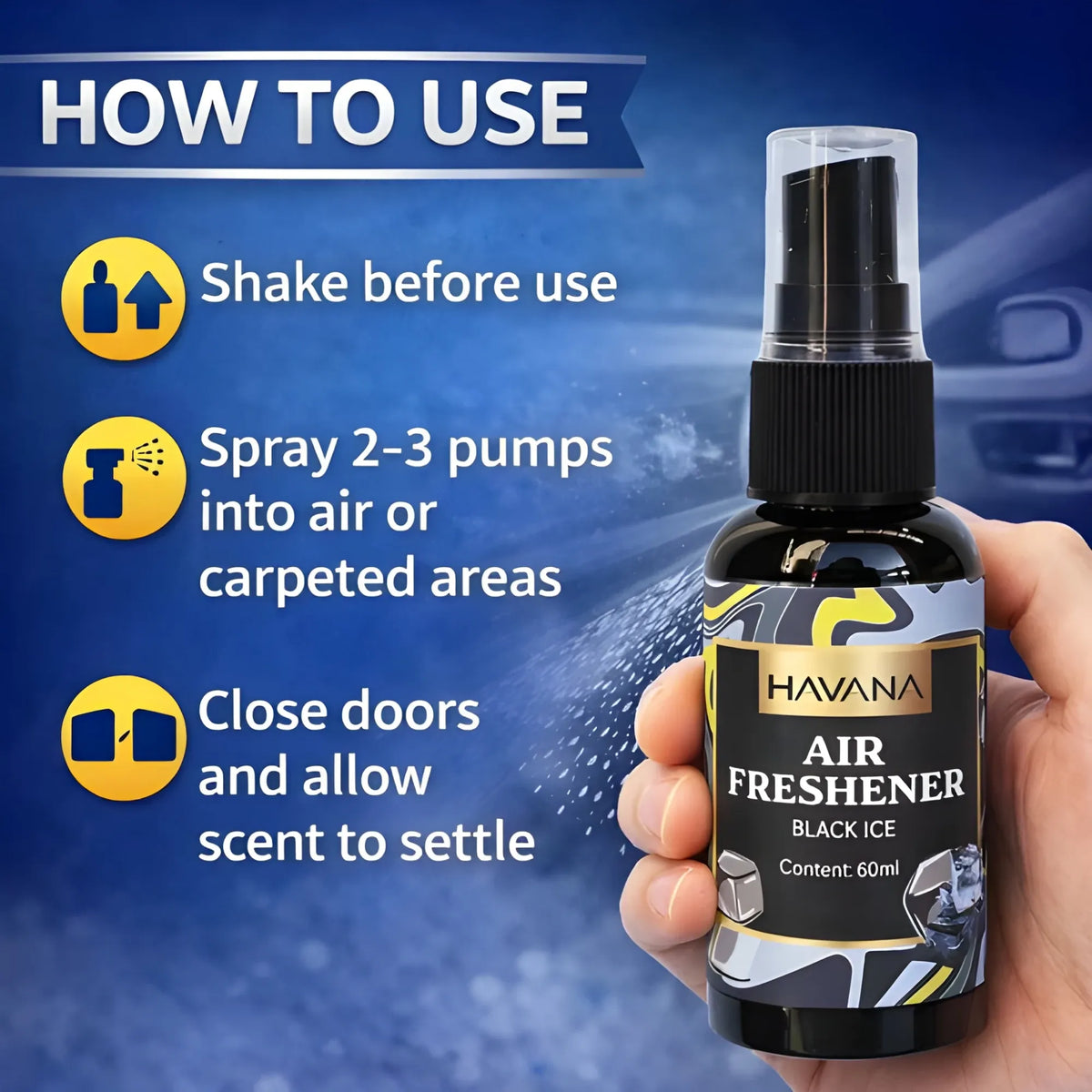 A hand holds a small black spray bottle labeled HAVANA Air Freshener Black Ice against a blue graphic background with 'HOW TO USE' instructions and yellow icons for shaking, spraying, and closing doors.
