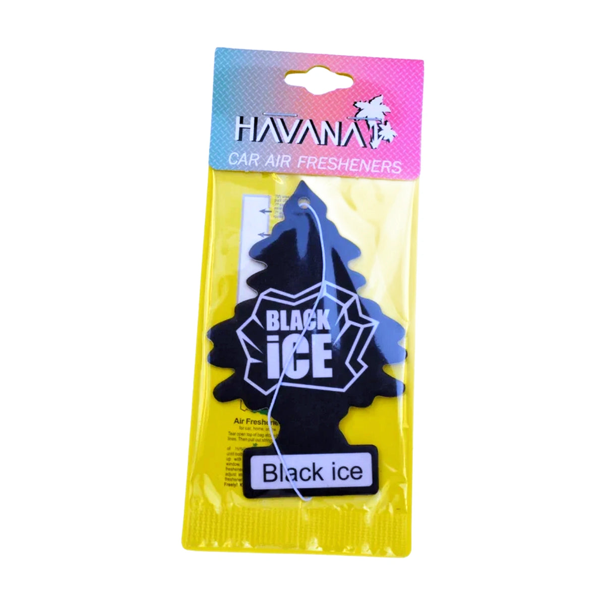 A Havana brand 'Black Ice' car air freshener in its original yellow and pink packaging, featuring a black pine tree-shaped air freshener with a white label.