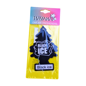 A Havana brand 'Black Ice' car air freshener in its original yellow and pink packaging, featuring a black pine tree-shaped air freshener with a white label.