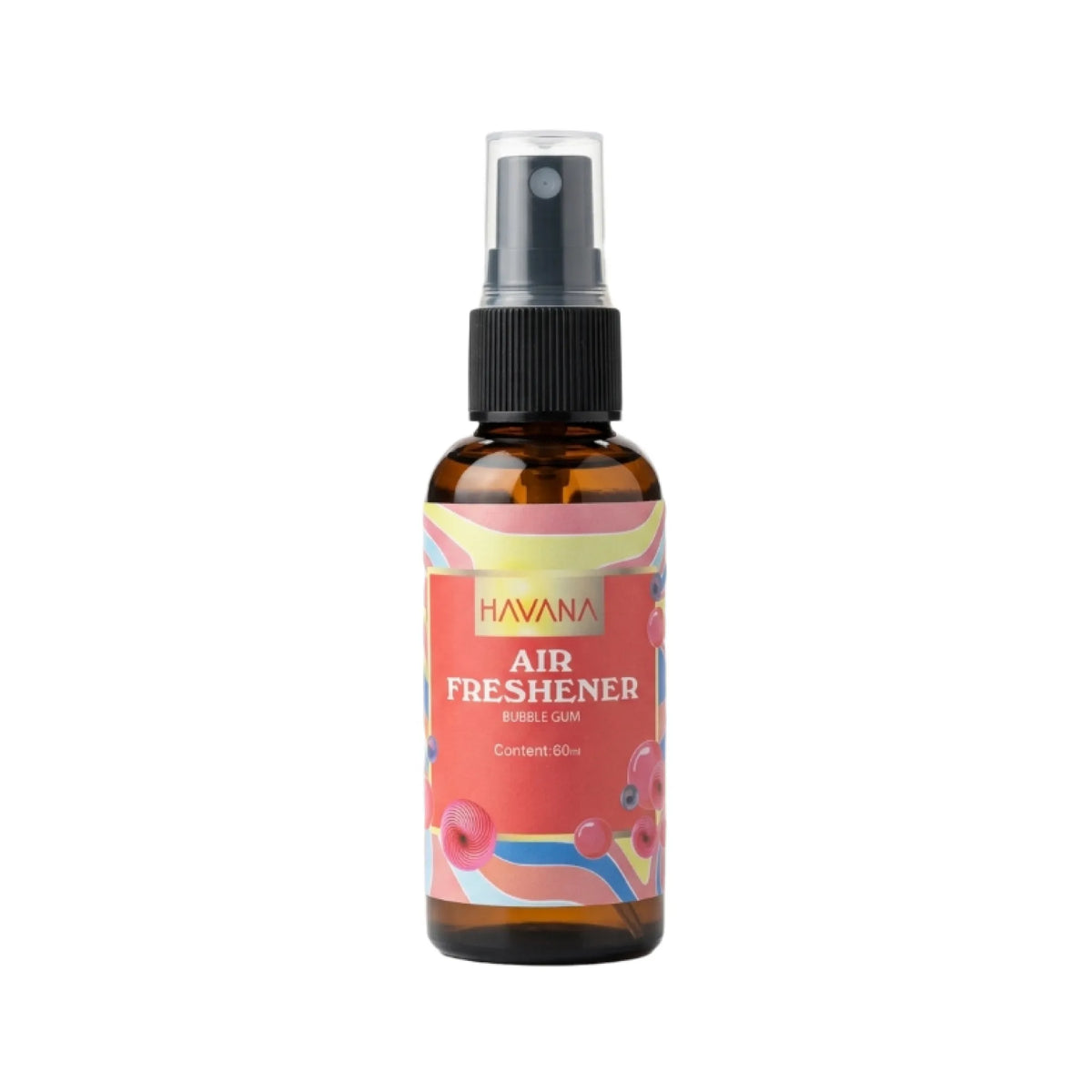 A 100ml amber glass spray bottle of HAVANA Air Freshener with Water & Leaf scent, featuring a black spray nozzle and a colorful label with pink, orange, and yellow abstract designs.