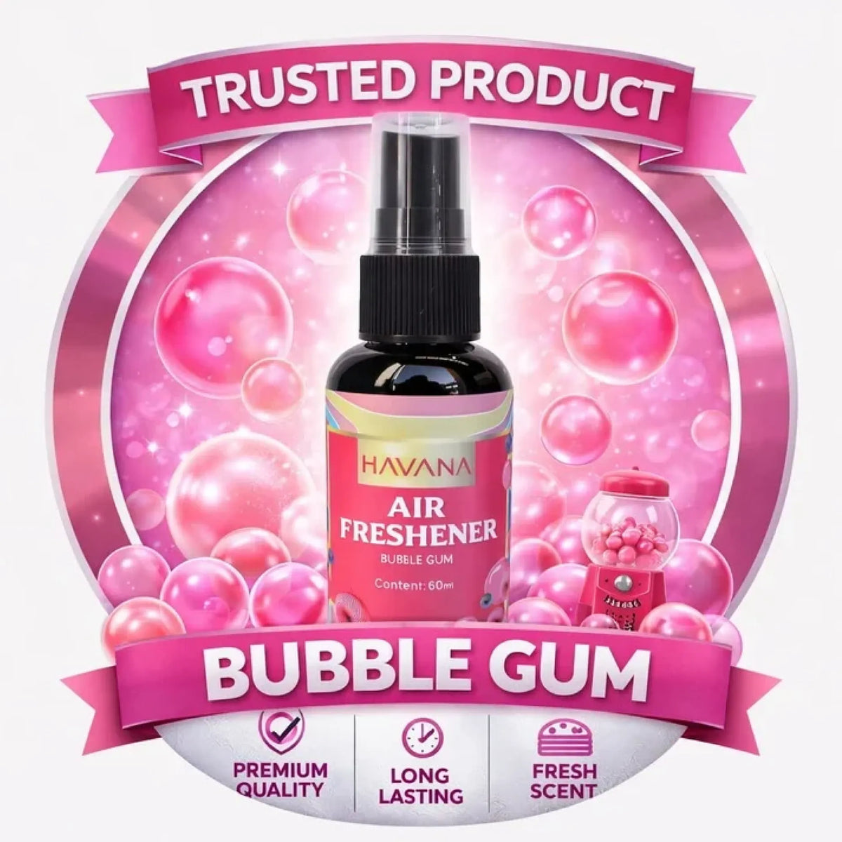 Havana air freshener bottle with bubble gum flavor on a pink background