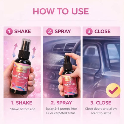 Instructions on how to use a Havana air freshener spray with a pink background.