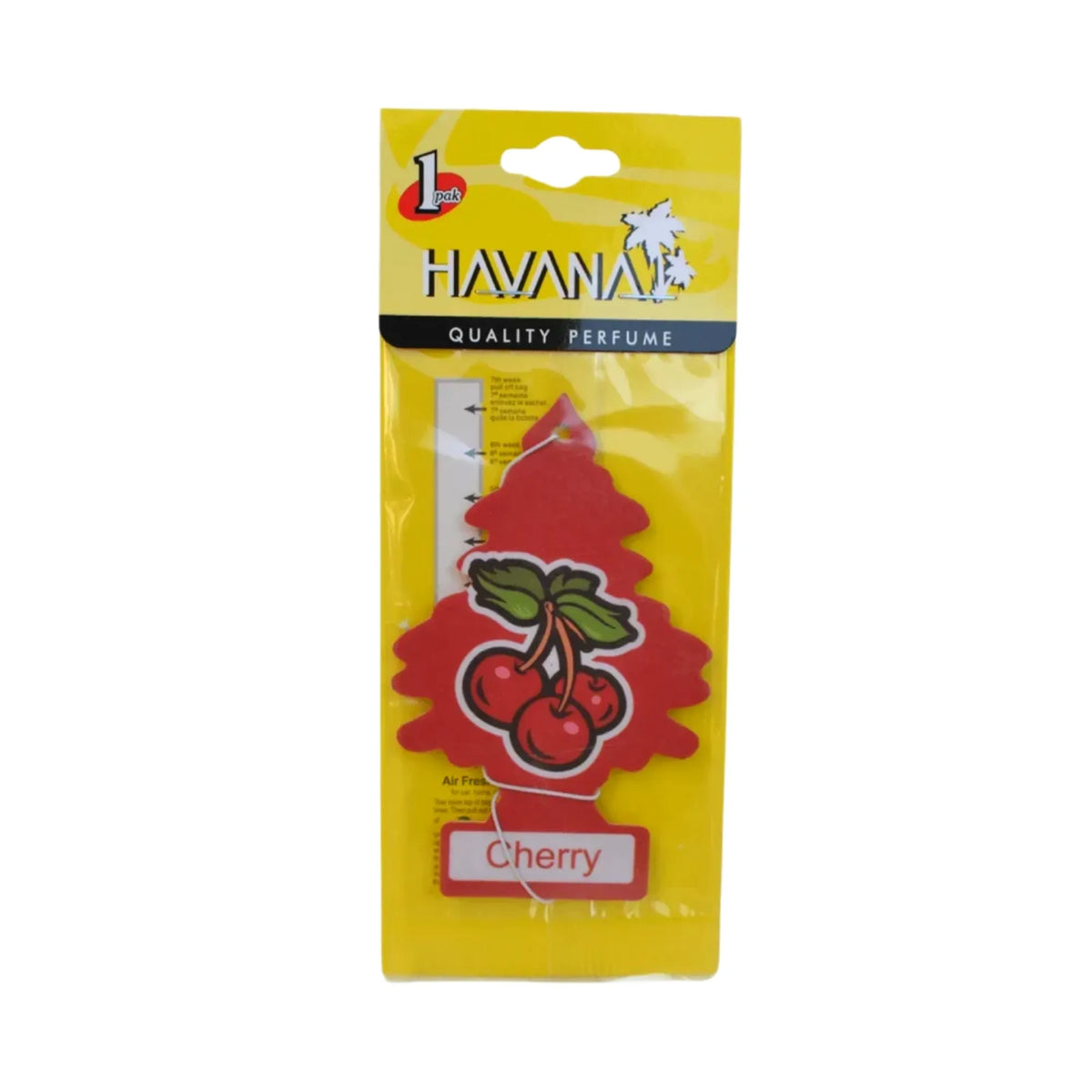 A packaged Havanal Cherry air freshener gel pack on a solid white background. The bright yellow packaging features a red cherry tree-shaped gel insert with green leaves and red cherries.