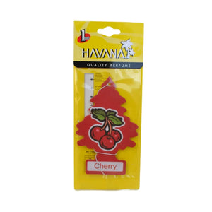 A packaged Havanal Cherry air freshener gel pack on a solid white background. The bright yellow packaging features a red cherry tree-shaped gel insert with green leaves and red cherries.