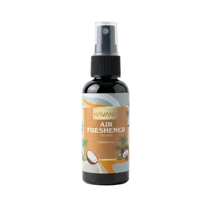 A 60ml spray bottle of Havana Air Freshener Coconut scent, featuring a black bottle, black spray nozzle, and a tropical-themed label with coconuts and palm trees on a white background.