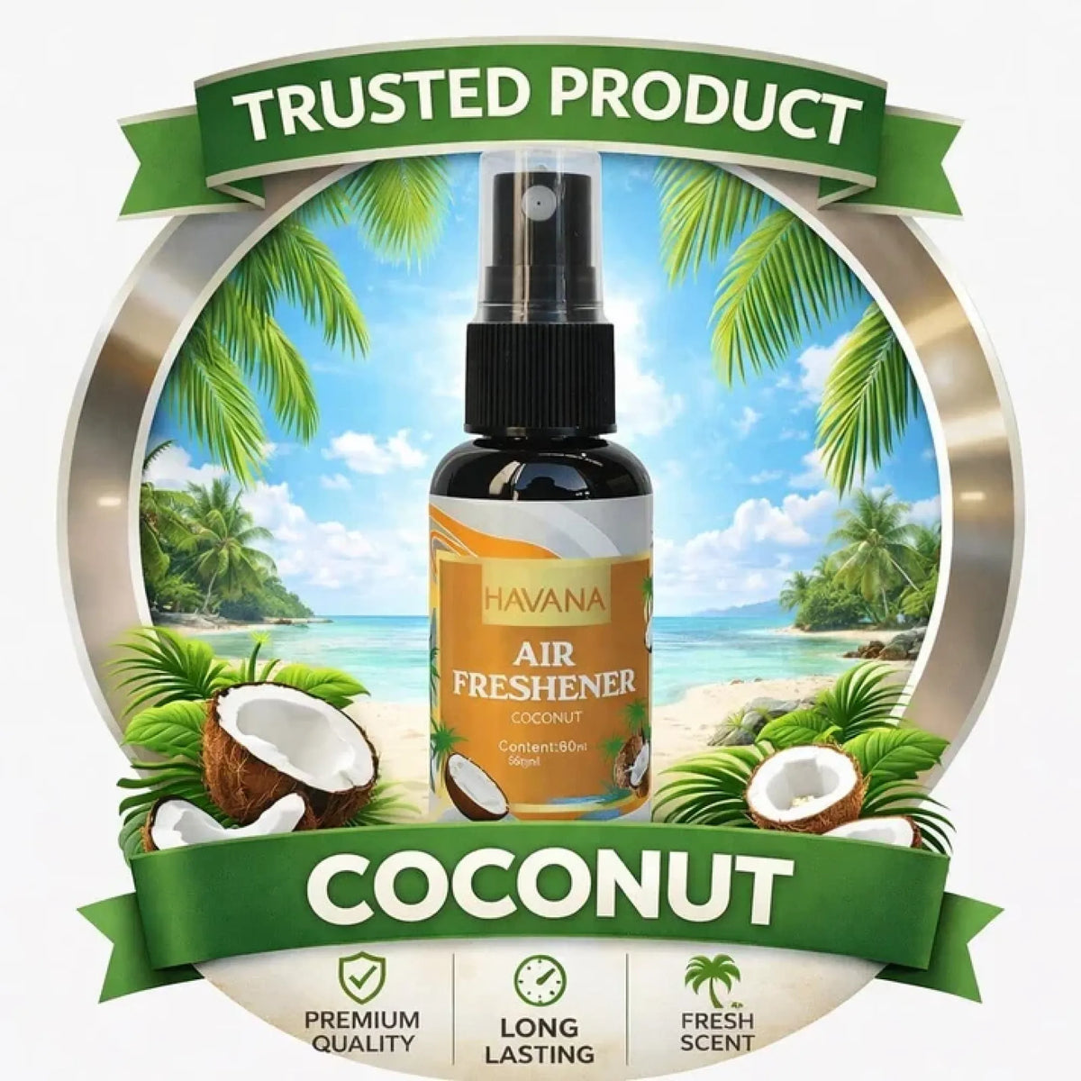 Havana Air Freshener Coconut bottle with tropical background