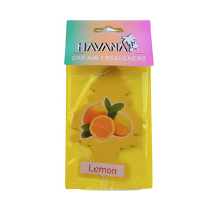 A packaged car air freshener shaped like a lemon tree, with a yellow tree, orange fruit illustration, and a hanging tag labeled 'Lemon.' The top card reads 'HAVANA CAR AIR FRESHENERS' on a pink-to-teal gradient background.