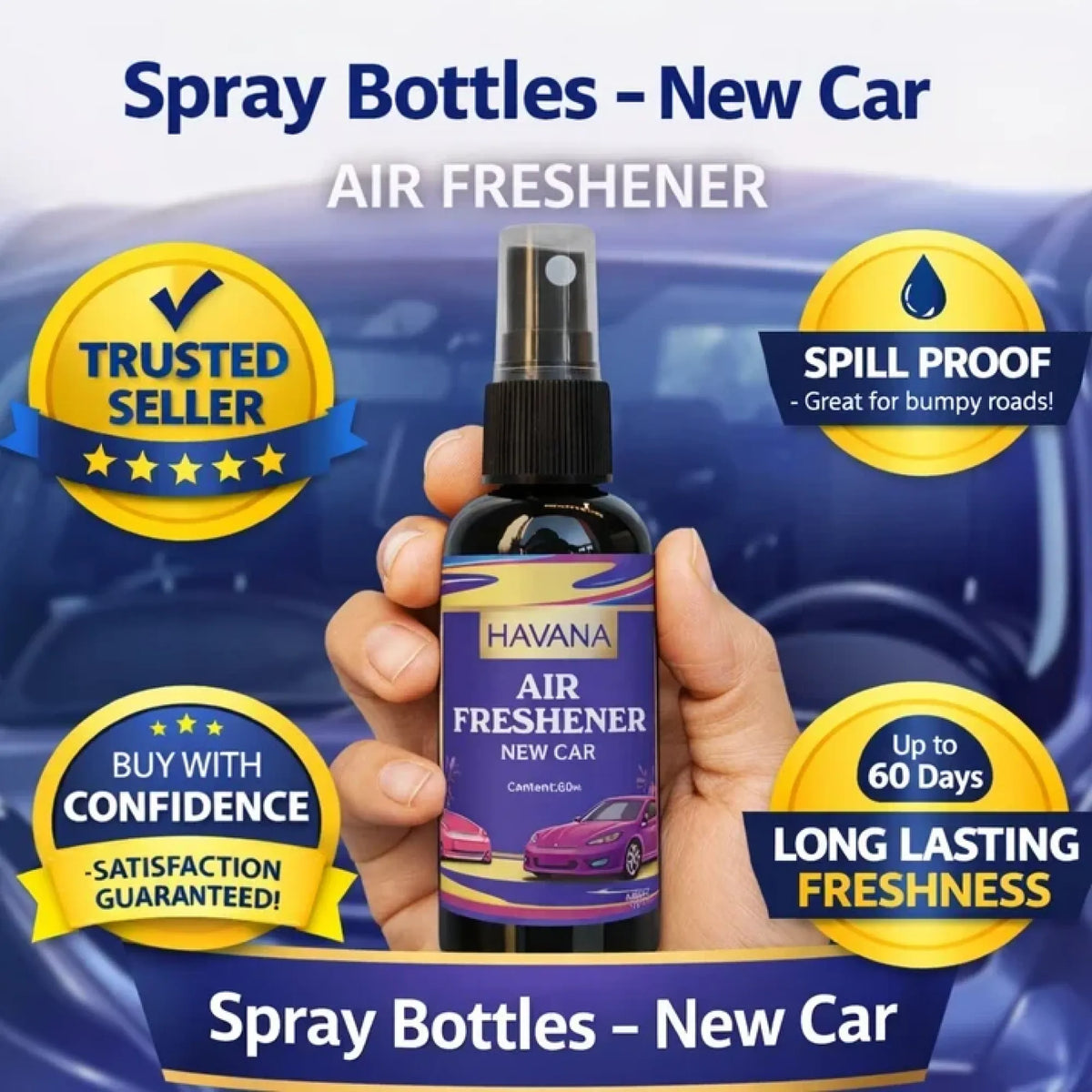 A hand holds a small spray bottle labeled HAVANA Air Freshener New Car against a blurred car interior background, surrounded by promotional badges reading Trusted Seller, Spill Proof, Buy with Confidence, and Up to 60 Days Long Lasting Freshness.