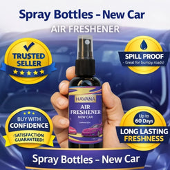 A hand holds a small spray bottle labeled HAVANA Air Freshener New Car against a blurred car interior background, surrounded by promotional badges reading Trusted Seller, Spill Proof, Buy with Confidence, and Up to 60 Days Long Lasting Freshness.