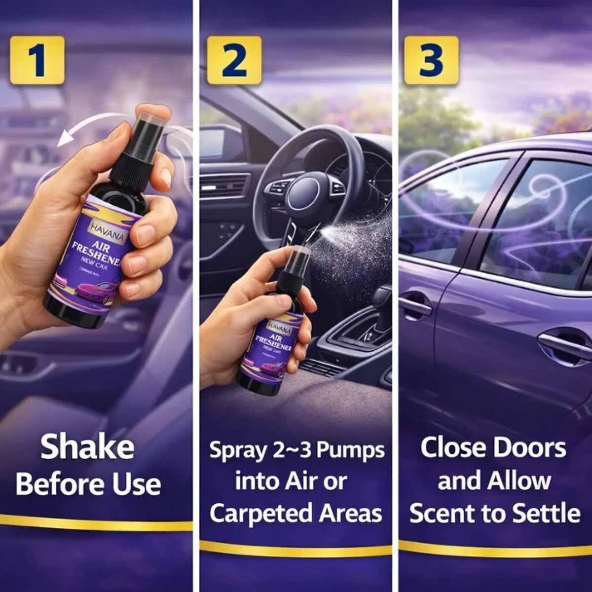 Three-panel instructional graphic for a car air freshener spray bottle. Step 1 shows a hand holding the bottle and shaking it before use.