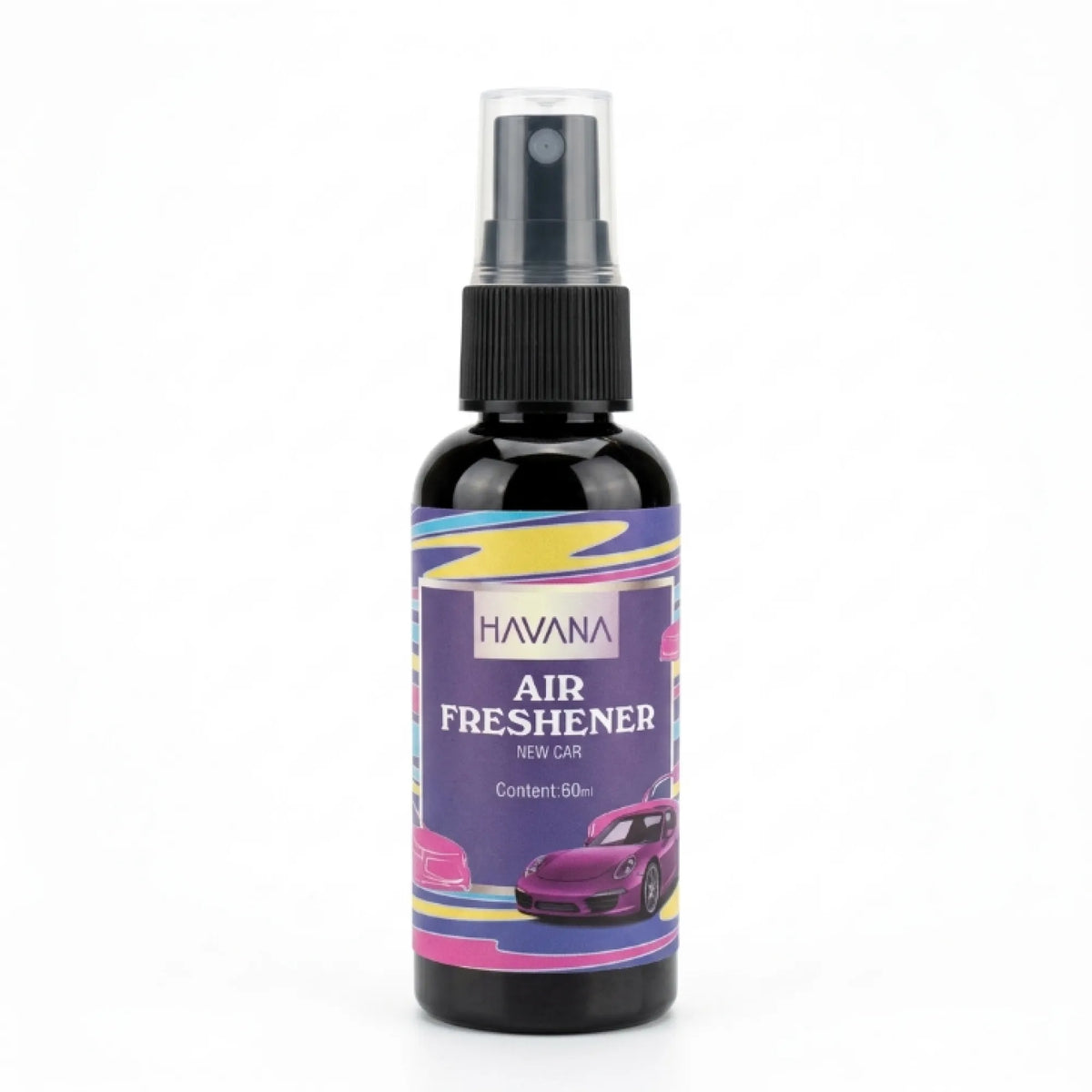 A 50ml spray bottle of HAVANA Air Freshener for cars, featuring a black bottle and a colorful purple label with a pink car graphic, set against a plain white background.