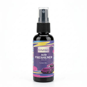A 50ml spray bottle of HAVANA Air Freshener for cars, featuring a black bottle and a colorful purple label with a pink car graphic, set against a plain white background.