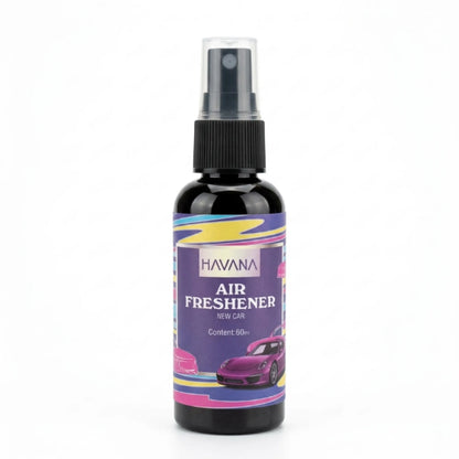 A 50ml spray bottle of HAVANA Air Freshener for cars, featuring a black bottle and a colorful purple label with a pink car graphic, set against a plain white background.