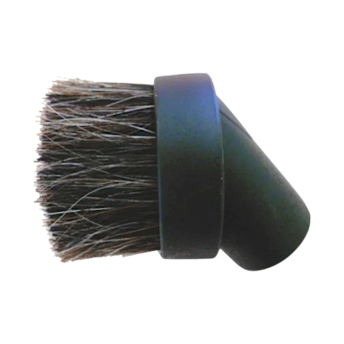 A close-up of a black plastic brush attachment with dark brown bristles, isolated on a white background.