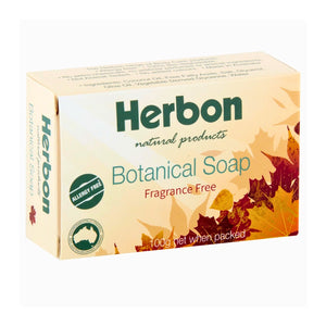 A 100g box of Herbon Natural Products Botanical Soap, Fragrance Free, featuring a cream-colored box with green and blue text and autumn leaf graphics.