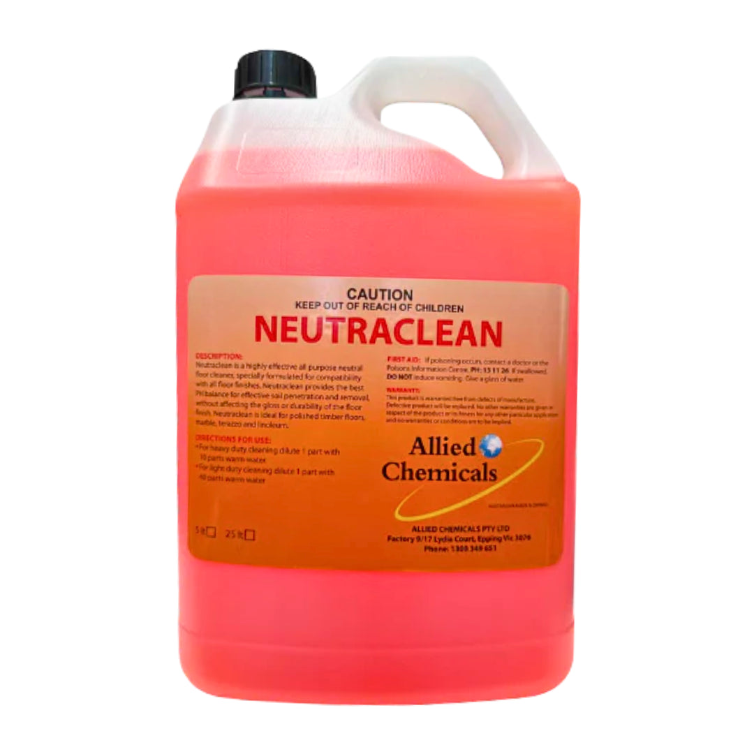 A 20-liter plastic jug of Allied Chemicals Neutraclean cleaning fluid, filled with a bright pink liquid, featuring a black cap and a large orange label.