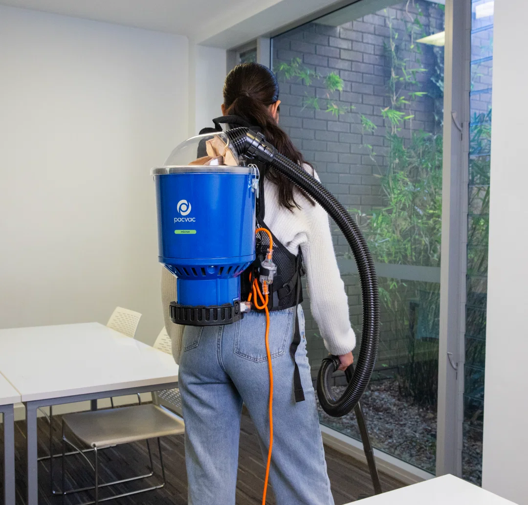 Pacvac Micron backpack vacuum for healthcare style facility cleaning