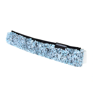A light blue and white shaggy faux fur headband with a black elastic band and a small black brand tag that reads 'BLOOMBERG'.