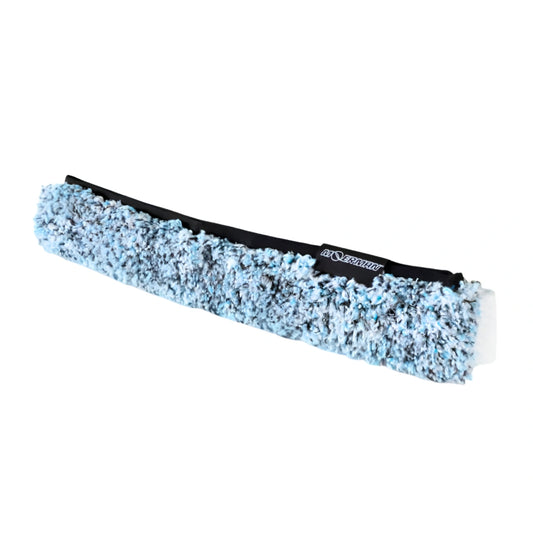 A light blue and white shaggy faux fur headband with a black elastic band and a small black brand tag that reads 'BLOOMBERG'.