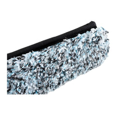 Close-up of a textured, shaggy faux fur or terry cloth material in a variegated mix of light blue, white, and black, attached to a black ribbed fabric backing, shown on a plain white background.