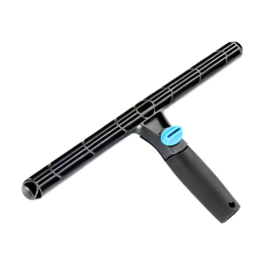 A black T-shaped squeegee with a black handle and a bright blue adjustment knob, shown on a solid white background.