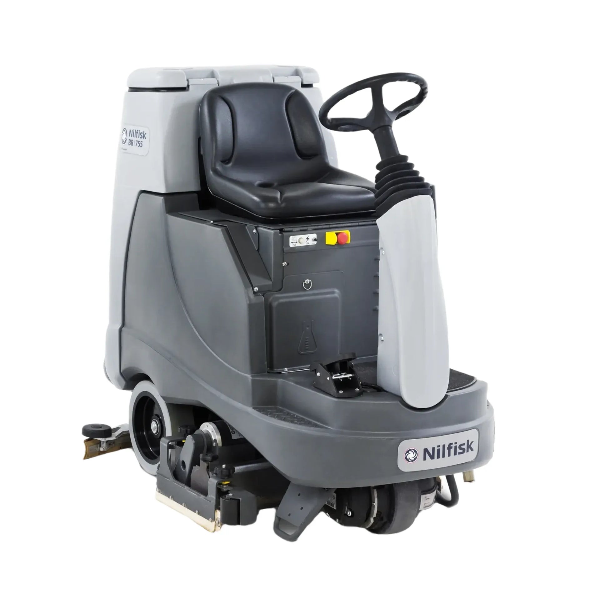 A Nilfisk Nivisa LP 180-100 industrial floor cleaner with a gray and white body, black seat, and black steering wheel, shown from a three-quarter angle on a white background.