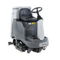 A Nilfisk Nivisa LP 180-100 industrial floor cleaner with a gray and white body, black seat, and black steering wheel, shown from a three-quarter angle on a white background.