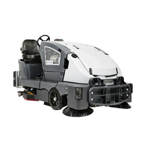A compact street sweeper vacuum cleaner with a white and dark gray body, a black driver's seat, and rotating brushes at the front, shown on a solid white background.
